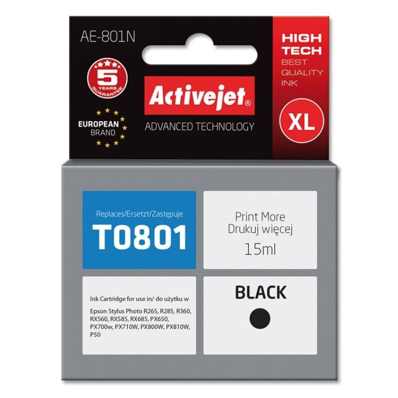 Activejet AE-801N Tusz do drukarki Epson, Zamiennik Epson T0801; Supreme; 15 ml; czarny.