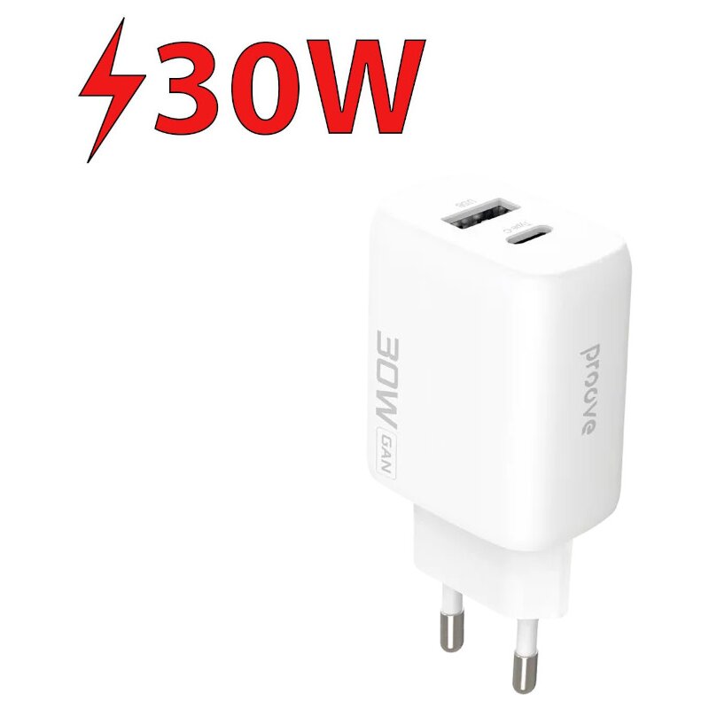 Ładowarka sieciowa PROOVE Silicone Power 2 GaN 30W Biały ładowarka do telefonu USB, USB-C