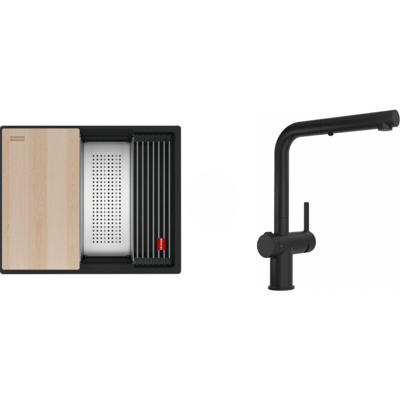 Zlewozmywak jednokomorowy FRANKE Kanon KNG PRO 110-52 125.0749.686 Czarny mat 46x56 + Bateria Active L Twist