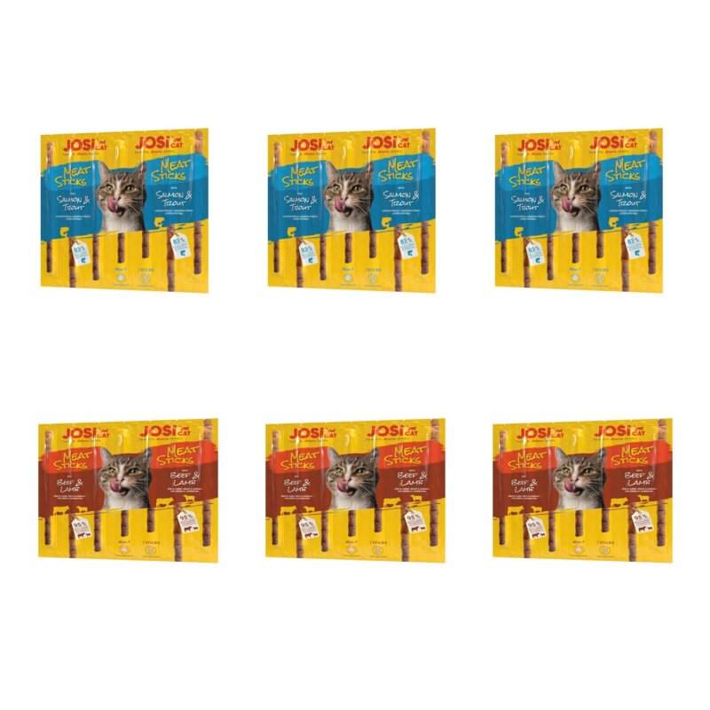 Przysmak dla kota JOSICAT Meat Sticks Łosoś i pstrąg 3 x 35 g + Przysmak dla kota JOSICAT Meat Sticks Wołowina i jagnięcina 3 x 35 g