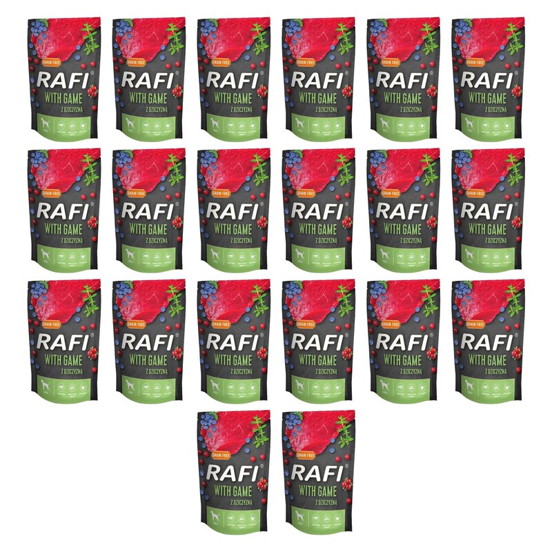 Karma dla psa RAFI z dziczyzną, borówką i żurawiną 20 x 500 g