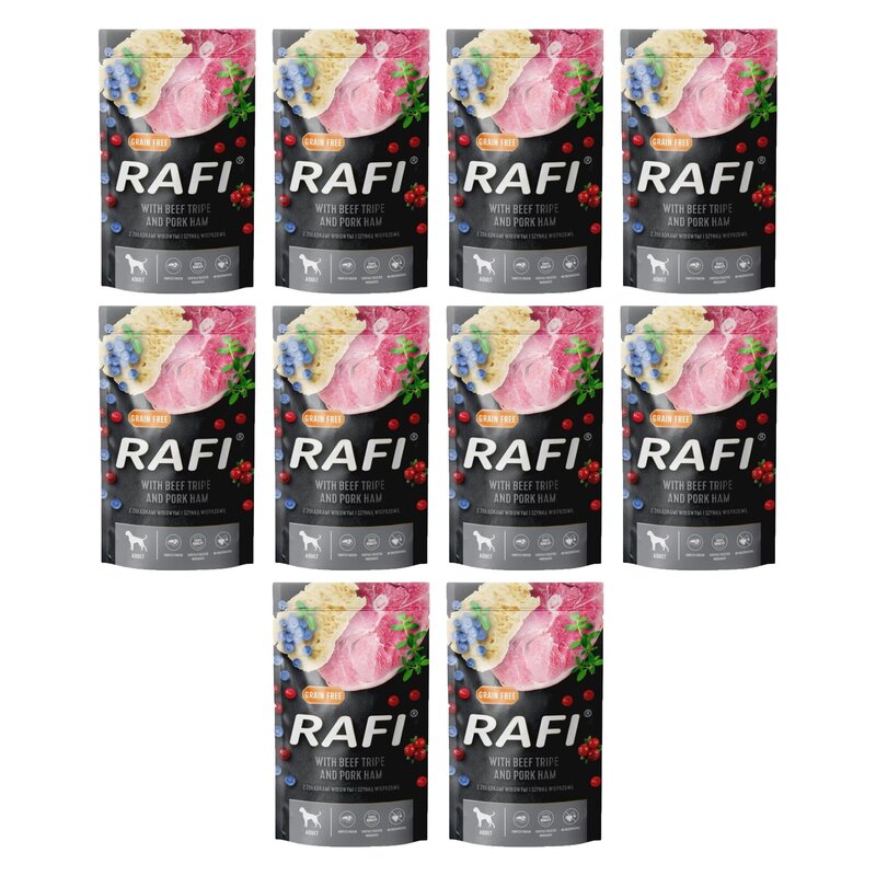 Karma dla psa RAFI z żołądkami wołowymi, szynką wieprzową z borówką i żurawiną 10 x 500 g