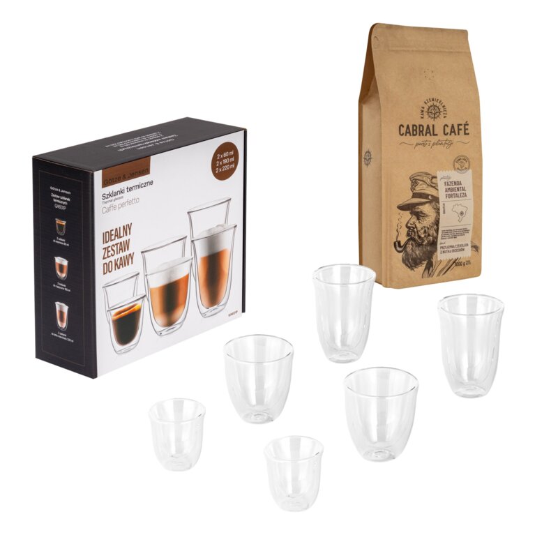 Kawa ziarnista CABRAL CAFE Fazenda Ambiental Fortaleza 1 kg (Rzemieślnicza) + Zestaw szklanek GÖTZE & JENSEN GA601P (6 sztuk)