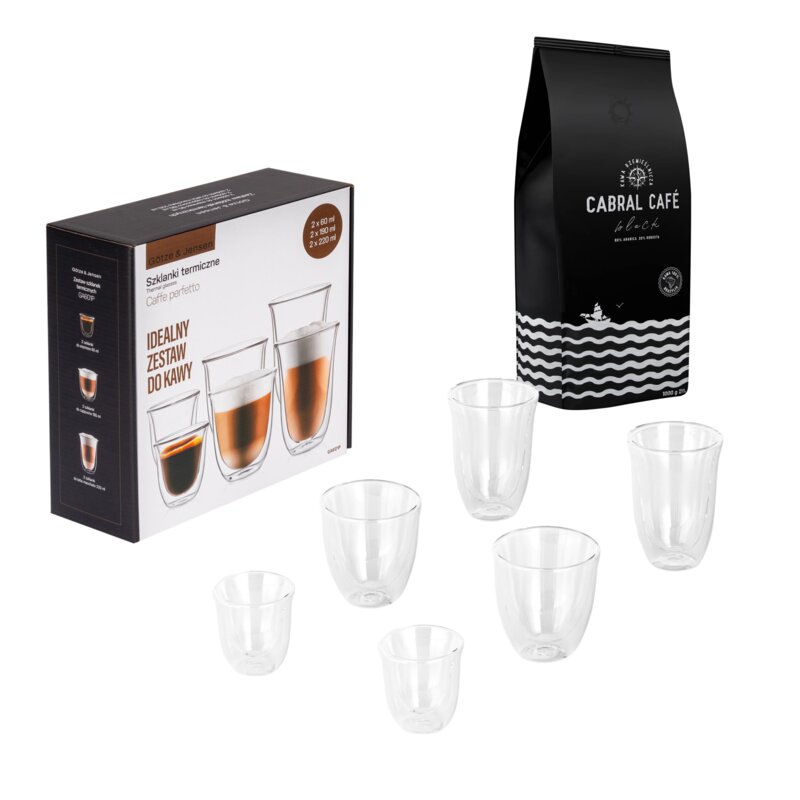 Kawa ziarnista CABRAL CAFE Black 1 kg (Rzemieślnicza) + Zestaw szklanek GÖTZE & JENSEN GA601P (6 sztuk)