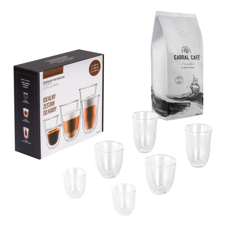 Kawa ziarnista CABRAL CAFE Crema 1 kg (Rzemieślnicza) + Zestaw szklanek GÖTZE & JENSEN GA601P (6 sztuk)