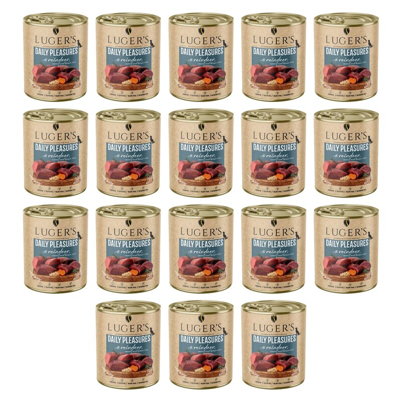 Karma dla psa LUGER'S Daily Pleasures z reniferem, marchewką i brązowym ryżem 18 x 800 g