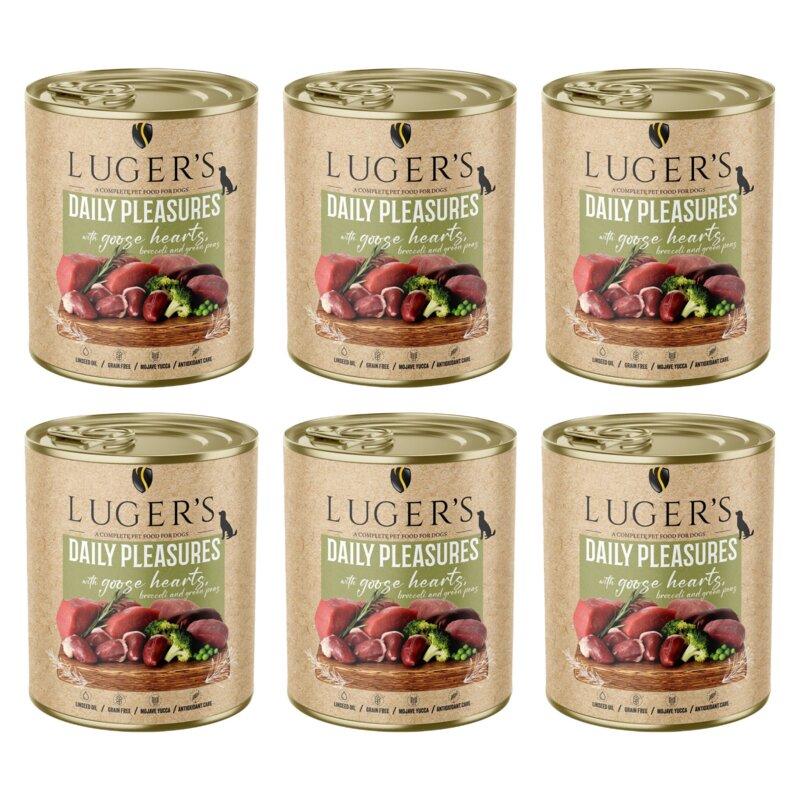 Karma dla psa LUGER'S Daily Pleasures z sercami gęsi, brokułami i zielonym groszkiem 6 x 800 g