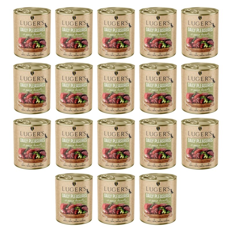 Karma dla psa LUGER'S Daily Pleasures z sercami gęsi, brokułami i zielonym groszkiem 18 x 800 g