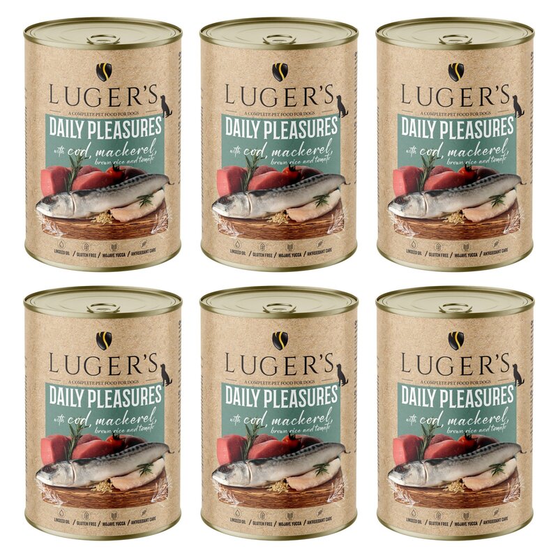 Karma dla psa LUGER'S Daily Pleasures z dorszem, makrelą, pomidorem i ryżem brązowym 6 x 400 g