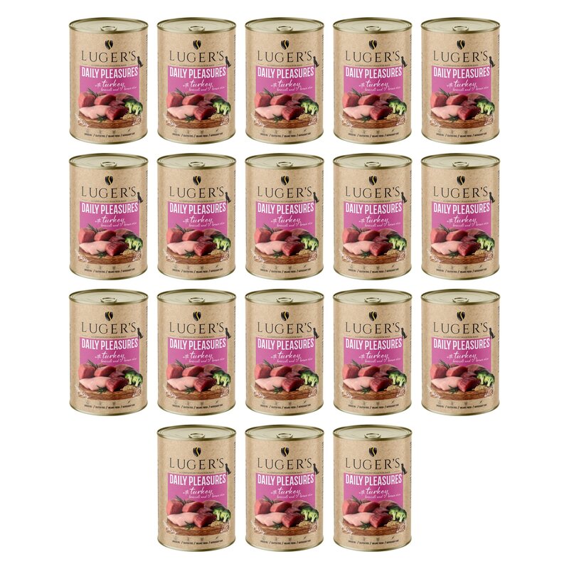 Karma dla psa LUGER'S Daily Pleasures z indykiem, brokułem i ryżem brązowym 18 x 400 g