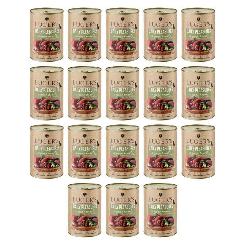 Karma dla psa LUGER'S Daily Pleasures Serca gęsi, brokuł i zielony groszek 18 x 400 g