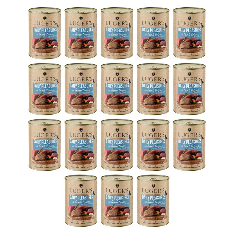 Karma dla psa LUGER'S Daily Pleasures z żołądkami jagnięcymi, marchewką i pietruszką 18 x 400 g