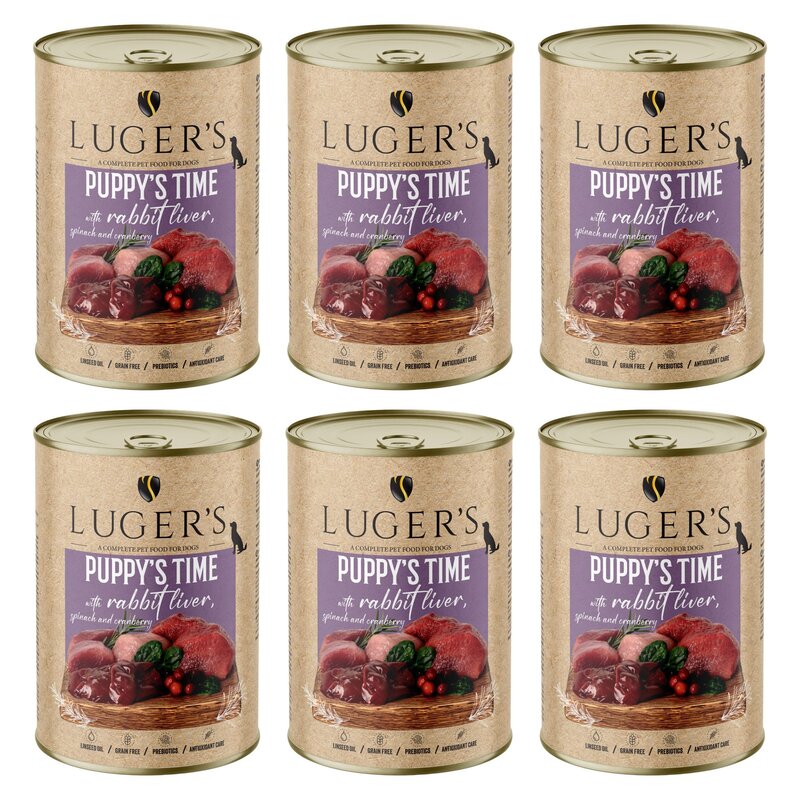 Karma dla psa LUGER'S Puppy's Time z wątróbką z królika, szpinakiem i żurawiną 6 x 400 g