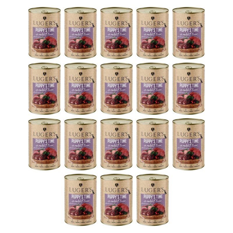 Karma dla psa LUGER'S Puppy's Time z wątróbką z królika, szpinakiem i żurawiną 18 x 400 g