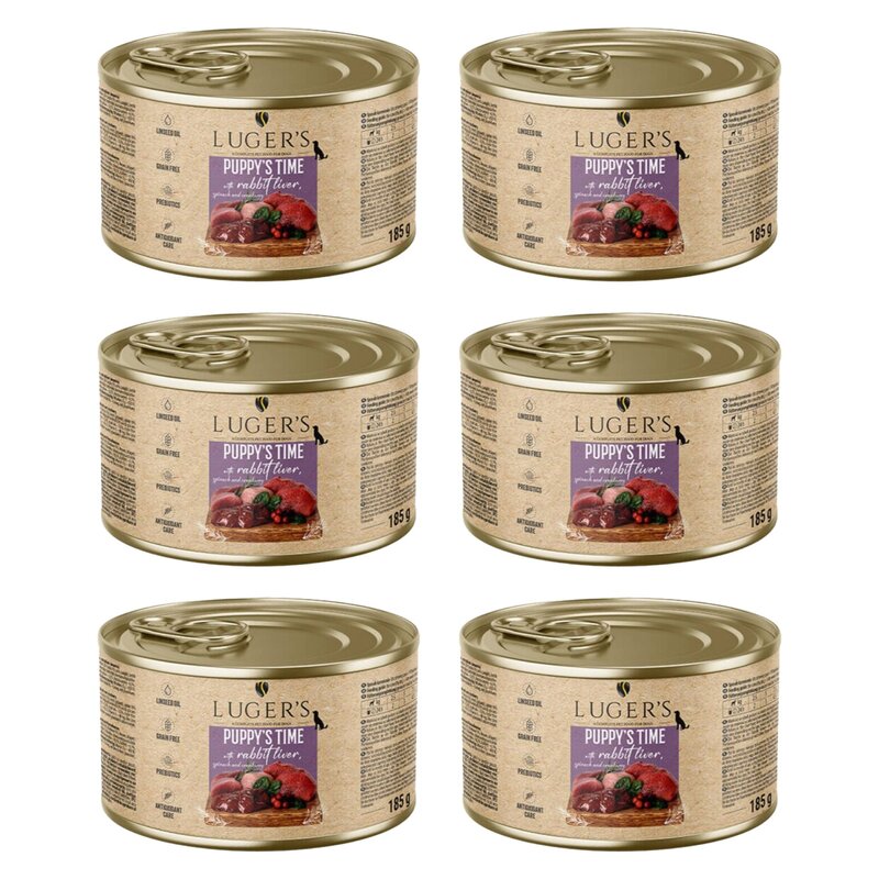 Karma dla psa LUGER'S Puppy's Time z wątróbką z królika, szpinakiem i żurawiną 6 x 185 g