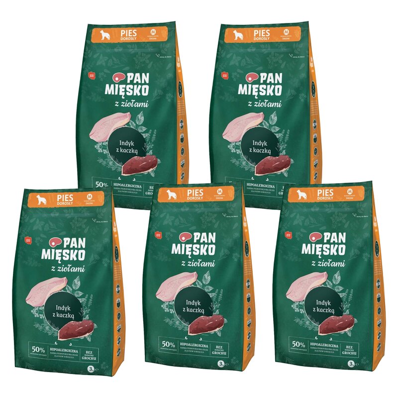Karma dla psa PAN MIĘSKO Indyk z kaczką i ziołami M 5 x 3 kg