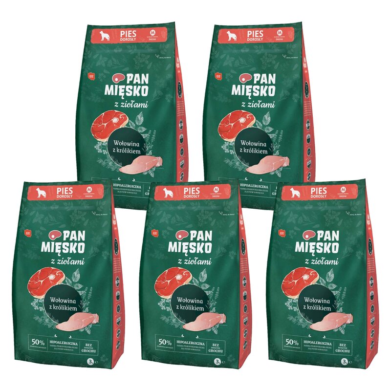 Karma dla psa PAN MIĘSKO Ziołowa wołowina z królikiem M 5 x 3 kg