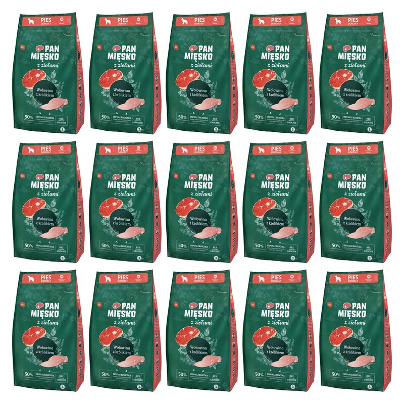 Karma dla psa PAN MIĘSKO Ziołowa wołowina z królikiem M 15 x 3 kg
