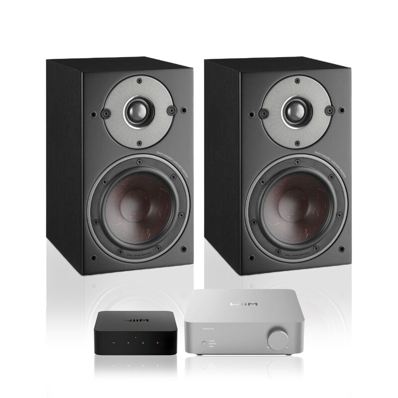 Wzmacniacz WIIM Vibelink Amp Srebrny + Odtwarzacz sieciowy WIIM Pro Plus + Kolumny głośnikowe DALI Oberon 1 Czarny (2 szt.)