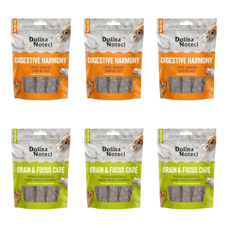 Przysmak dla psa DOLINA NOTECI Smart Chews Digestive Harmony 3 x 100 g + Przysmak dla psa DOLINA NOTECI Smart Chews Brain & Focus Care 3 x 140 g