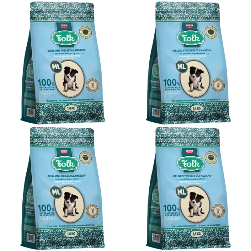 Karma dla psa FOLK Junior M/L Delikatny posiłek dla malucha ze słodkowodnymi rybami 4 x 1.6 kg