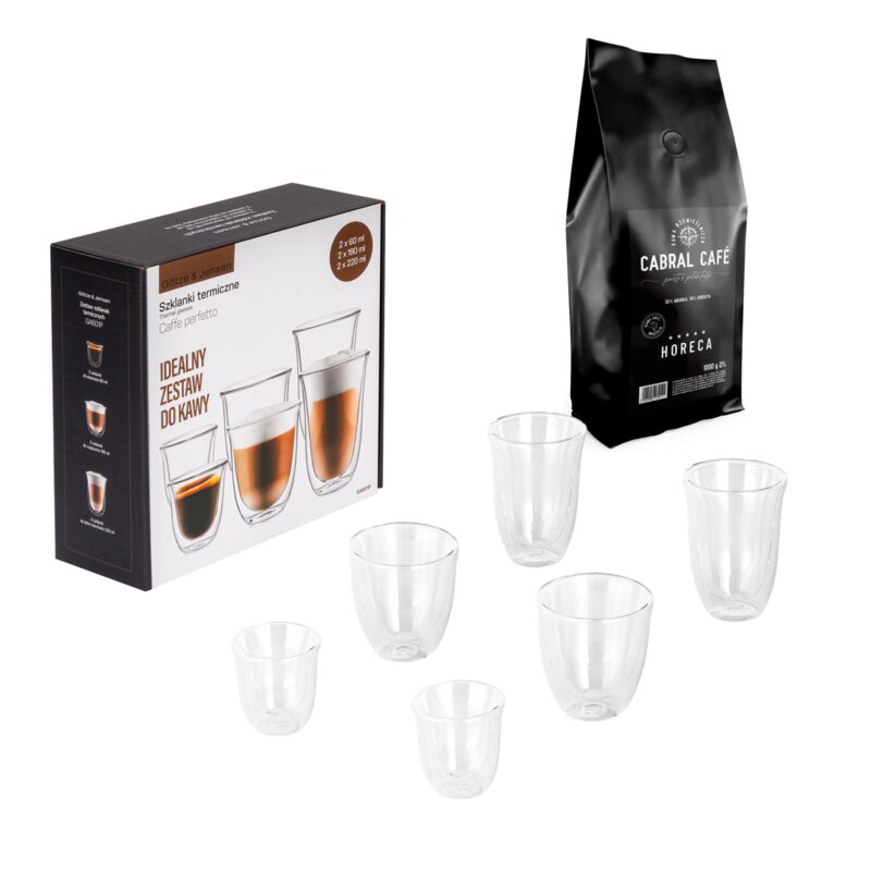 Kawa ziarnista CABRAL CAFE HoReCa 1 kg (Rzemieślnicza) + Zestaw szklanek GÖTZE & JENSEN GA601P (6 sztuk)