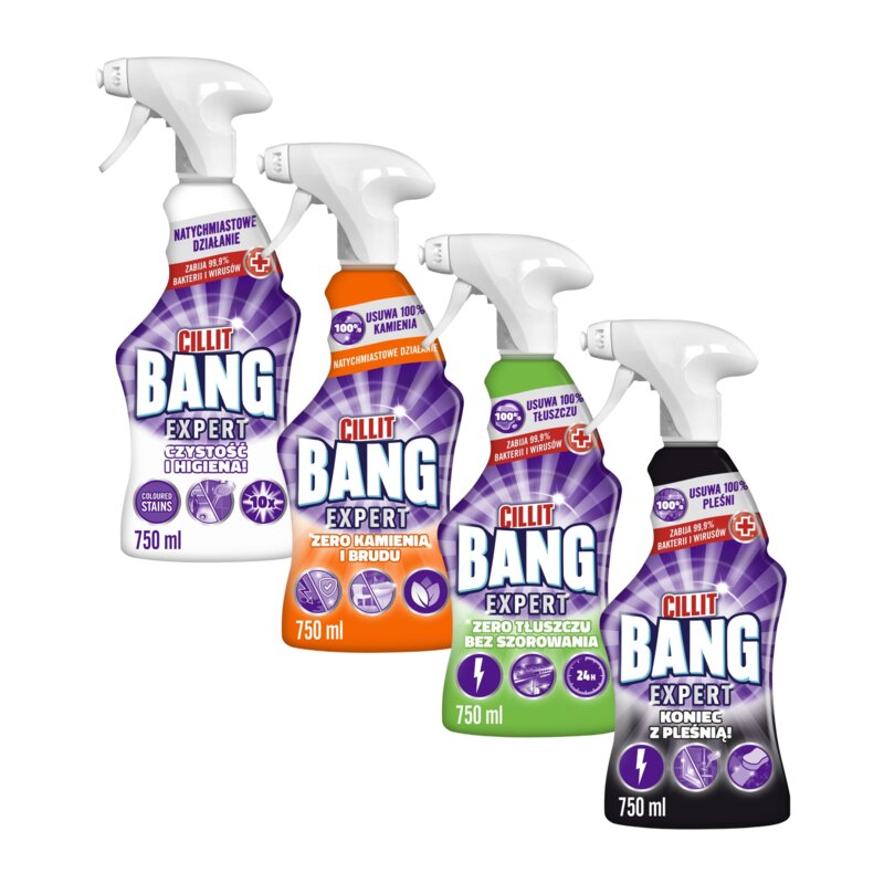 Płyn do czyszczenia łazienki CILLIT BANG Wybielanie i higiena, Kamień i brud, Power Pleśń i Czarne Osady Spray + Płyn do czyszczenia kuchni CILLIT BANG Degreaser Without Scrubbing  4 x 750ml
