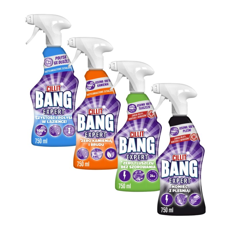 Płyn do czyszczenia łazienki CILLIT BANG Czystość i połysk, Kamień i brud, Power Pleśń i Czarne Osady Spray + Płyn do czyszczenia kuchni CILLIT BANG Degreaser Without Scrubbing 4 x 750ml