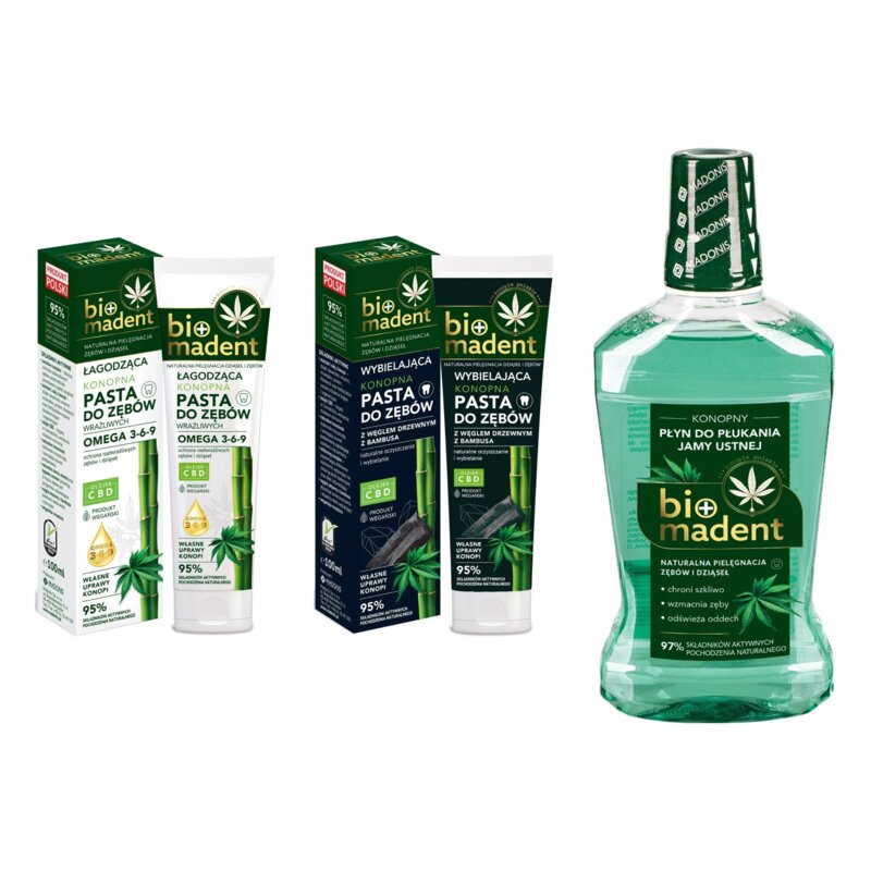 Pasta do zębów BIO MADENT Konopna Łagodząca 100 ml + Pasta do zębów BIO MADENT Konopna z węglem drzewnym bambusowym 100 ml + Płyn do płukania jamy ustnej BIO MADENT Konopny 500 ml
