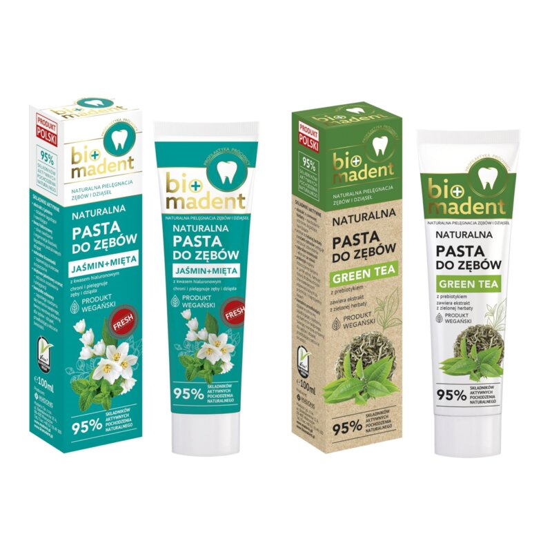 Pasta do zębów BIO MADENT Jaśmin + Mięta 100 ml + Pasta do zębów BIO MADENT Green Tea z prebiotykiem 100 ml