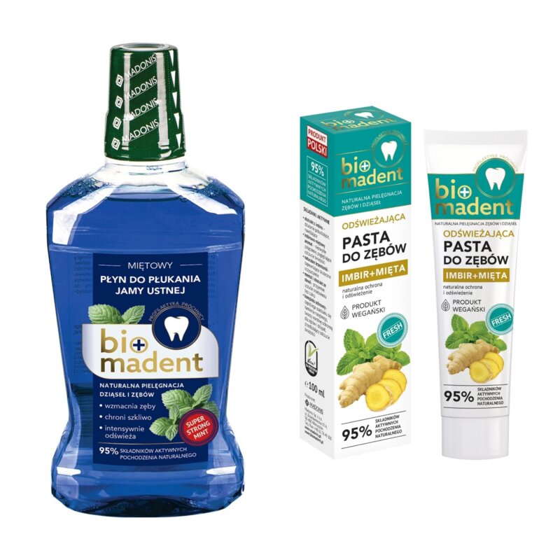 Płyn do płukania jamy ustnej BIO MADENT Miętowy 500 ml + Pasta do zębów BIO MADENT Imbir + Mięta 100 ml