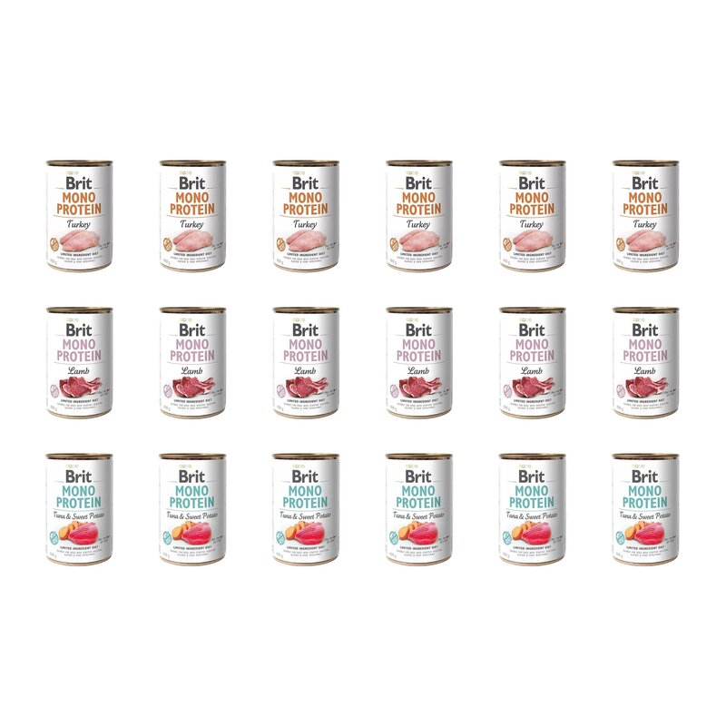 Karma dla psa BRIT Mix smaków Mono Protein Indyk, Jagnięcina, Tuńczyk z ziemniakami 18 x 400 g