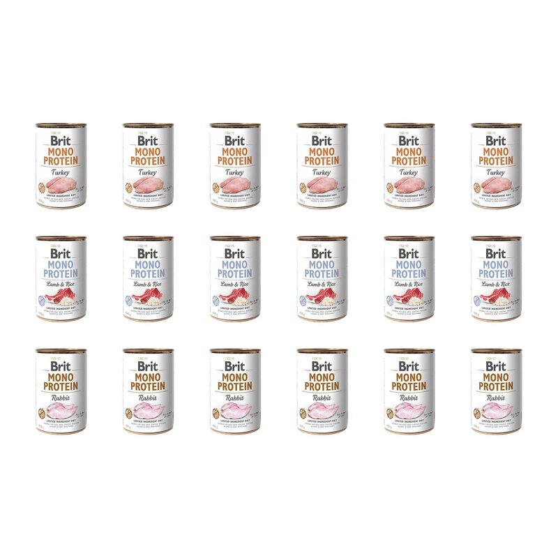 Karma dla psa BRIT Mix smaków Mono Protein Indyk, Jagnięcina z ryżem, Królik 18 x 400 g