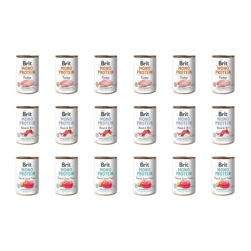 Karma dla psa BRIT Mix smaków Mono Protein Indyk, Jagnięcina z ryżem, Tuńczyk z ziemniakami 18 x 400 g