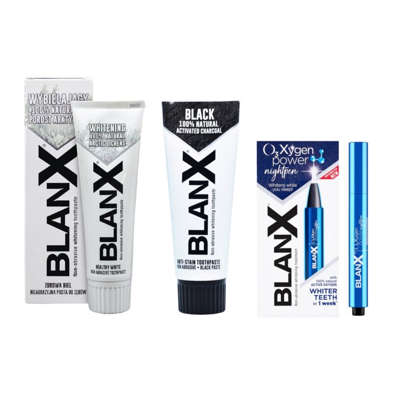 Pasta do zębów BLANX Whitening 75 ml + Pasta do zębów BLANX Black Carbone 75 ml + Żel wybielający do zębów BLANX O3X Night Pen 2.5 ml