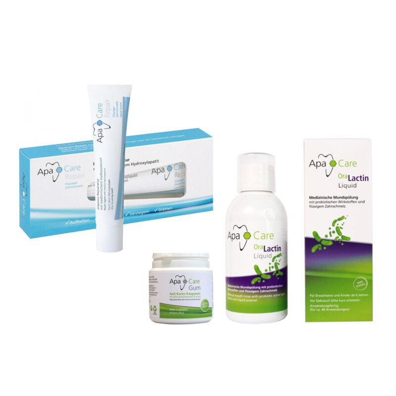 Pasta do remineralizacji zębów APACARE Repair 30 ml + Guma do żucia APACARE Apa Gum (45 szt.) + Płyn do płukania jamy ustnej APACARE ApaCare 200 ml