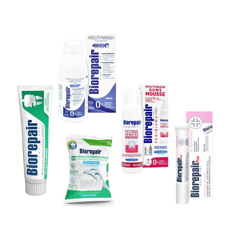 Zestaw BIOREPAIR Pasta do zębów Pełna ochrona 75 ml + Płyn do płukania jamy ustnej Plus 500 ml + Pianka do higieny jamy ustnej Peribioma 200 ml + Nić dentystyczna Woskowana (36 sztuk) + Żel do dziąseł Parodontgel Intensywnie Łagodzący 20 ml