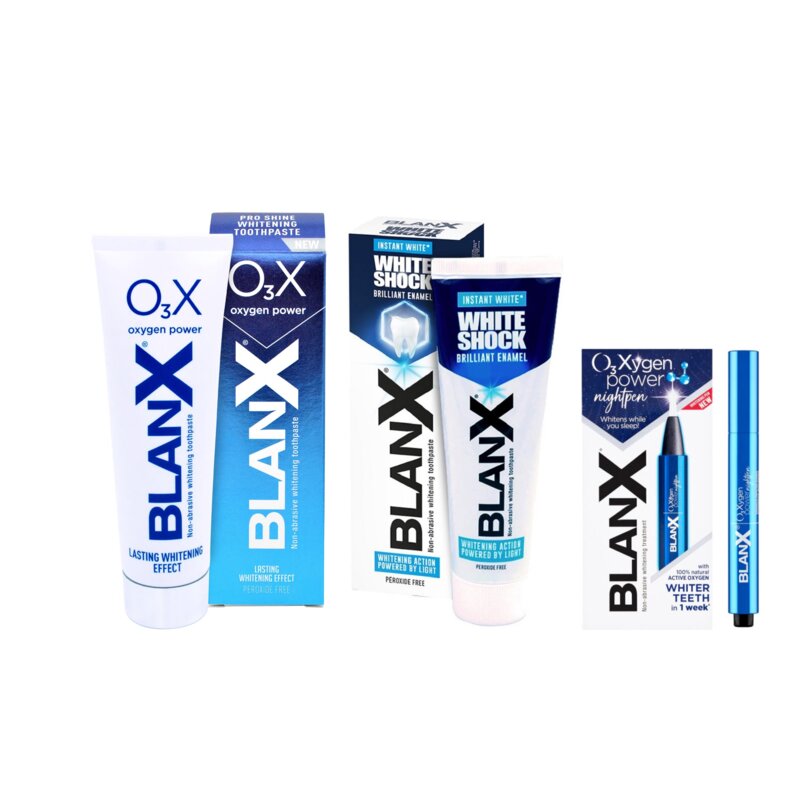 Pasta do zębów BLANX O3X Wybielająca 75 ml + Pasta do zębów BLANX White Shock 75 ml + Żel wybielający do zębów BLANX O3X Night Pen 2.5 ml
