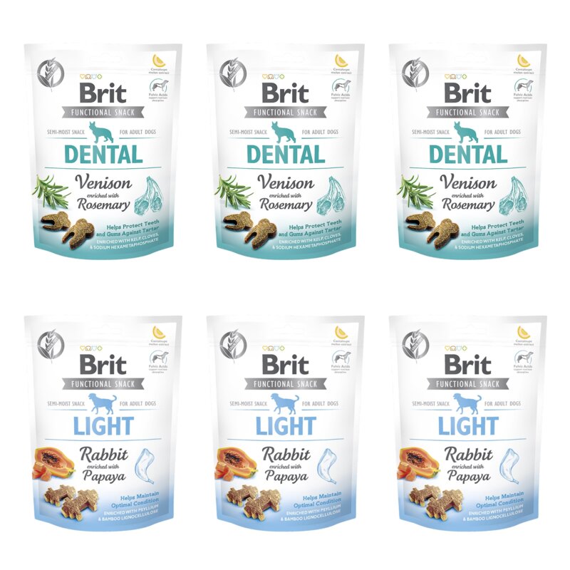 Przysmak dla psa BRIT CARE Functional Snack Dental Venison 3 x 150 g + Przysmak dla psa BRIT CARE Functional Snack Light Rabbit 3 x 150 g