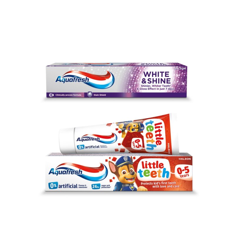 Pasta do zębów AQUAFRESH White & Shine 100 ml + Pasta do zębów AQUAFRESH Little Teeth Psi Patrol 50 ml