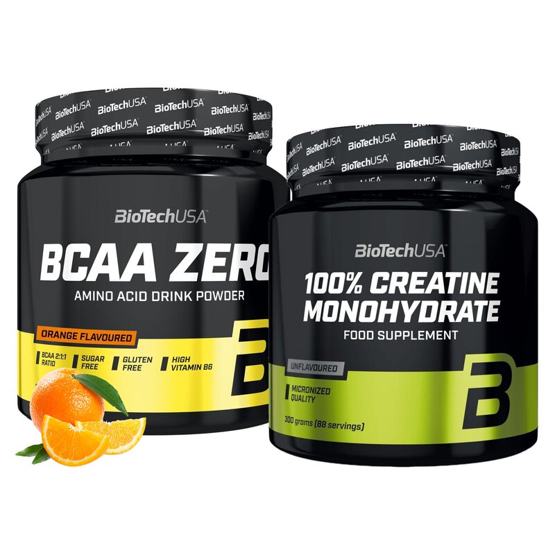 Aminokwasy BCAA BIOTECH Zero Pomarańczowy (360 g) + Monohydrat kreatyny BIOTECH 100% Creatine Monohydrate (300 g)