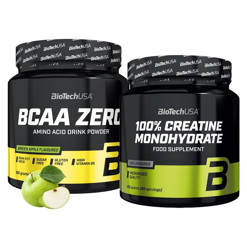 Aminokwasy BCAA BIOTECH Zero Zielone jabłko (360 g) + Monohydrat kreatyny BIOTECH 100% Creatine Monohydrate (300 g)