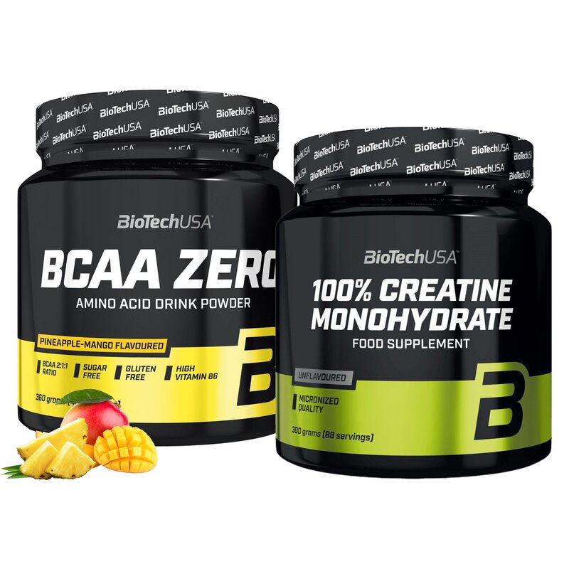 Aminokwasy BCAA BIOTECH Zero Ananasowo-mango (360 g) + Monohydrat kreatyny BIOTECH 100% Creatine Monohydrate (300 g)