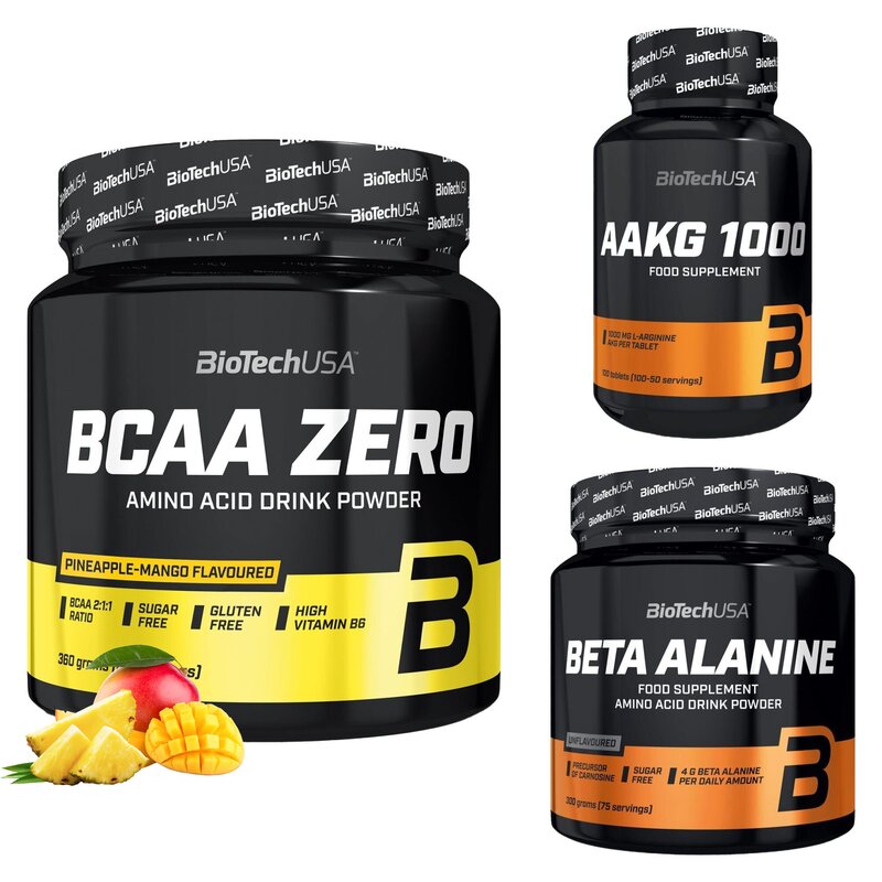 Aminokwasy Beta-alanina BIOTECH (300 g) + Przedtreningówka BIOTECH AAKG 1000 (100 tabletek) + Aminokwasy BCAA BIOTECH Zero Ananasowo-mango (360 g)