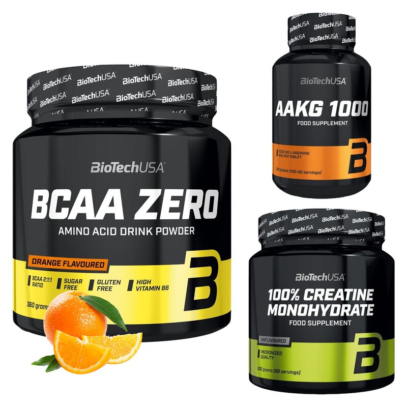 Monohydrat kreatyny BIOTECH 100% Creatine Monohydrate (300 g) + Aminokwasy BCAA BIOTECH Zero Pomarańczowy (360 g) + Przedtreningówka BIOTECH AAKG 1000 (100 tabletek)