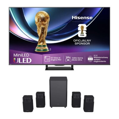 Telewizor HISENSE 75U78Q Pro 75" MINILED 4K 165Hz VRR VIDAA Dolby Vision Dolby Atmos HDMI 2.1 + Zestaw Kina Domowego HISENSE HT Saturn Czarny 4.1.2-kanałowy, HDMI eARC, Wi-Fi, Bluetooth, Funkcja kalibracji Room Fitting