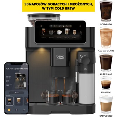 Ekspres BEKO CaffeExperto CEG8564B 50 programów ColdBrew Kawy mrożone 19 bar Stalowy młynek Zdalne sterowanie Czarny