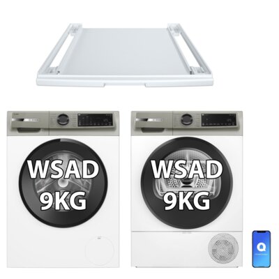 Pralka BOSCH Serie 6 WGJ244A9PL 9kg 1400 obr, Polska Produkcja, Autodozowanie, MiniPranie, HomeConnect, Program parowy + Suszarka BOSCH Seria 6 WQJ242SMPL z pompą ciepła, Polska Produkcja, Autosuszenie, HomeConnect, Kosz do butów + Łącznik BOSCH WTZ27400