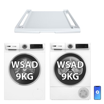 Pralka BOSCH Serie 6 WGJ24409PL 9kg 1400 obr, Polska Produkcja, MiniPranie, HomeConnect, Program parowy + Suszarka BOSCH Seria 6 WQJ24211PL z pompą ciepła, Polska Produkcja, Autosuszenie, HomeConnect, Delikatne suszenie + Łącznik BOSCH WTZ27400