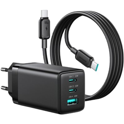 Ładowarka sieciowa JOYROOM JR-TG10 65W GaN Czarny ładowarka do telefonu 2xUSB-C, USB-A + kabel